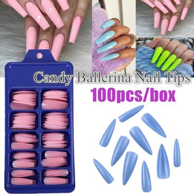 100 Piezas/Set Color Sólido Pegado Completo Uña Postiza Puntiaguda Accesorios Adhesivos para Manicura