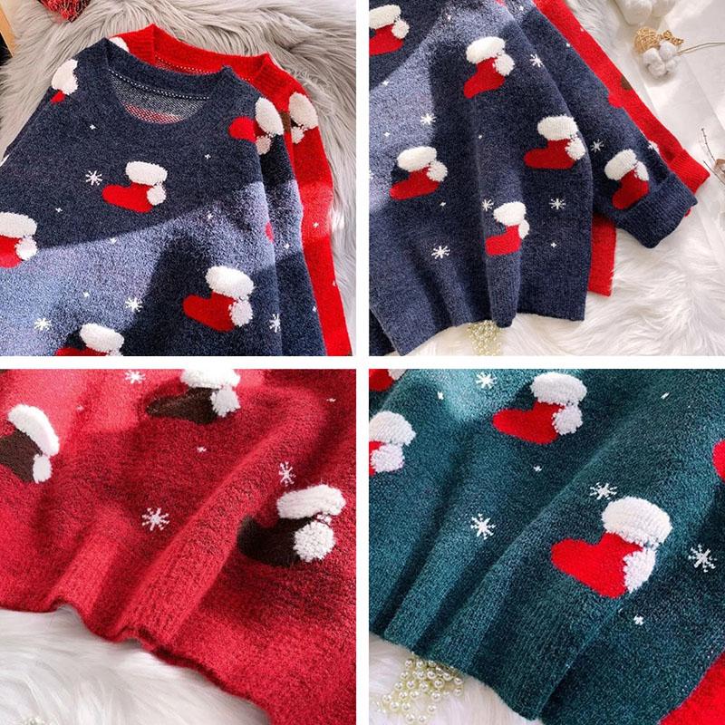 Schneeflocke Christma O-Ausschnitt Pullover Damenmode Langarm Herbst Winter Socken Print Strickpullover Chic Lady Jumper
