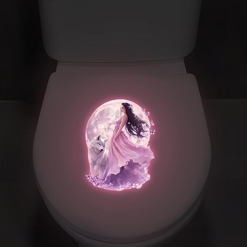Glow-In-The-Dark Moonlight Fairy Wolf Toilet Sticker Toilet Lid Decoration Wall Decal Self-Adhesive Removable Luminous Decals