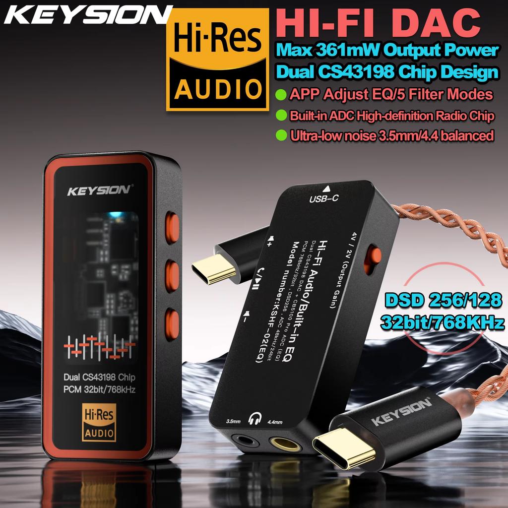 KEYSION Dual CS43198 DAC Audio Decoder 768kHz DSD256 USB Type-C To 3.5/4.4mm Lossless HiFi Headphone Amplifier for iOS Android PC