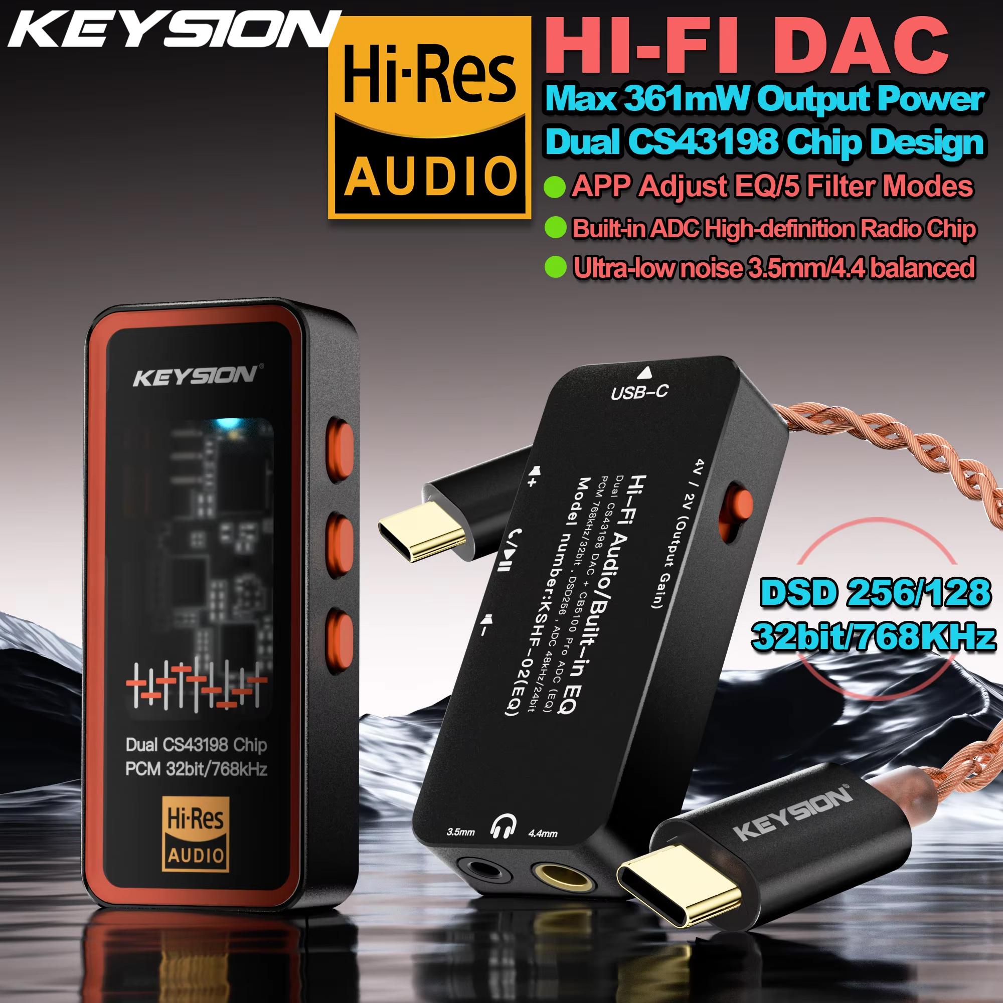 

KEYSION Двойной ЦАП CS43198 Аудиодекодер 768 кГц DSD256 USB Type-C на 3,5/4,4 мм Усилитель для наушников Hi-Fi без потерь для iOS Android ПК чёрный