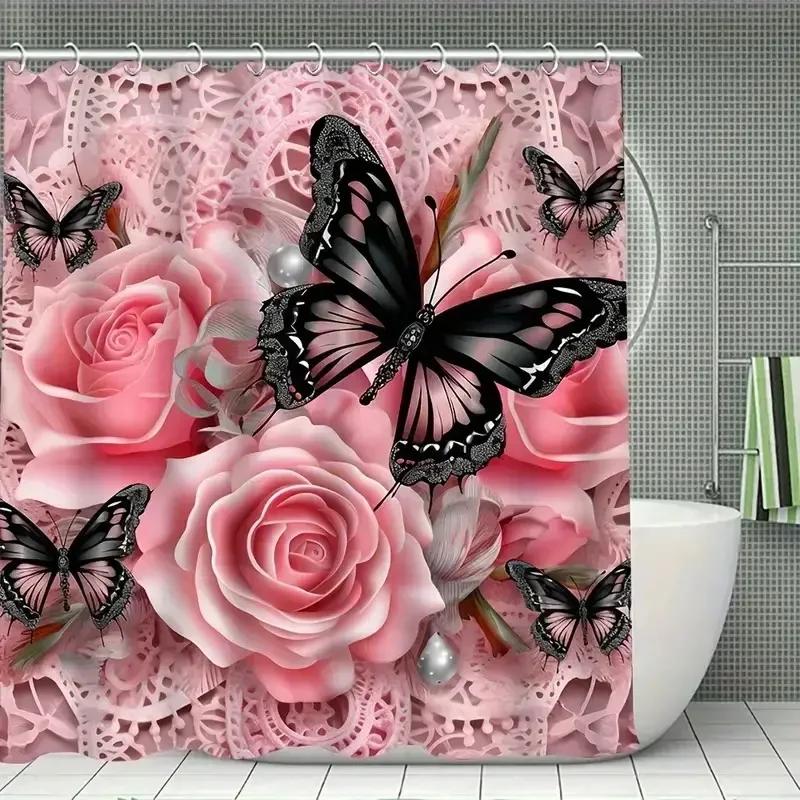 Butterfly Print Shower Curtain Family Bathroom Decoration Polyester Fabric Bathtub Curtain Bathroom Partition Room Decoration