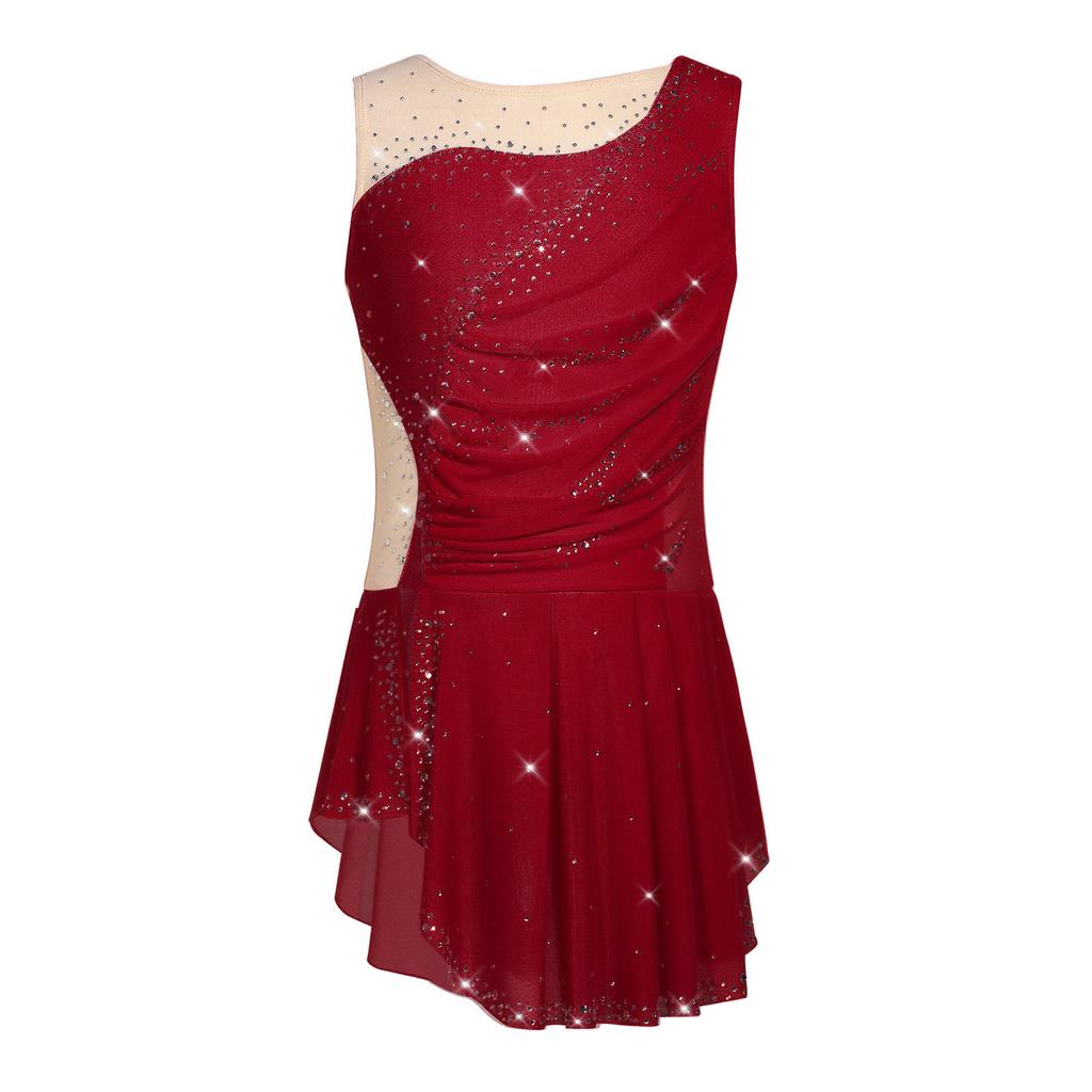 Girls Figure Skating Dress Sleeveless Sparkly Rhinestones Ruched Mesh Built In Briefs Dancewear