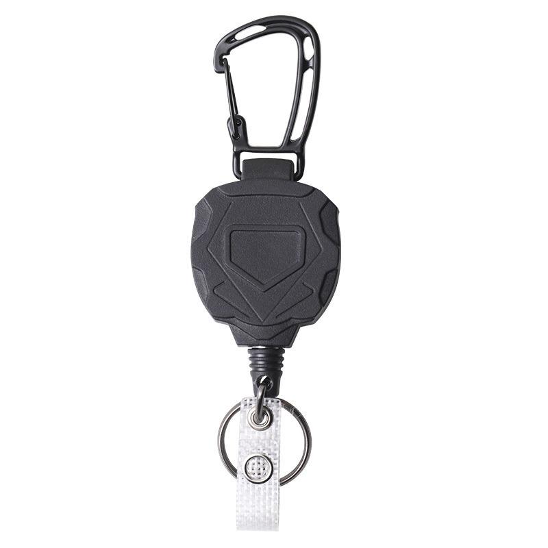 1Set Black Retractable Keychain Heavy Duty Carabiner Easy-Pull Buckle Wire Rope Badge Holder Edc Tool