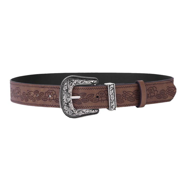 New Y2K Retro Women’s Wide Leather Belt with Petal Print and Carved Buckle