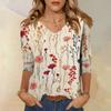 Women's V-Neck Three-Quarter Sleeve Small Floral Print Blouse - Loose Fit Casual Top for Summer