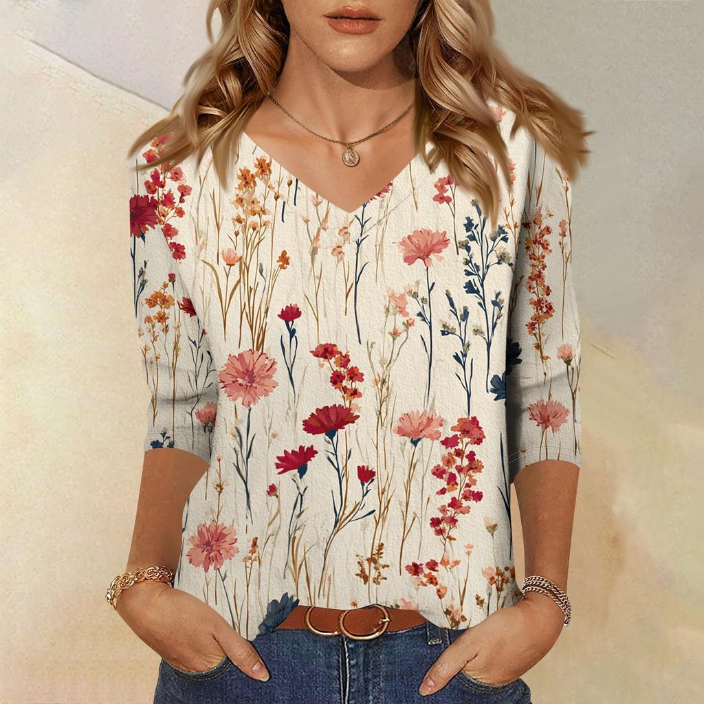 Women's V-Neck Three-Quarter Sleeve Small Floral Print Blouse - Loose Fit Casual Top for Summer