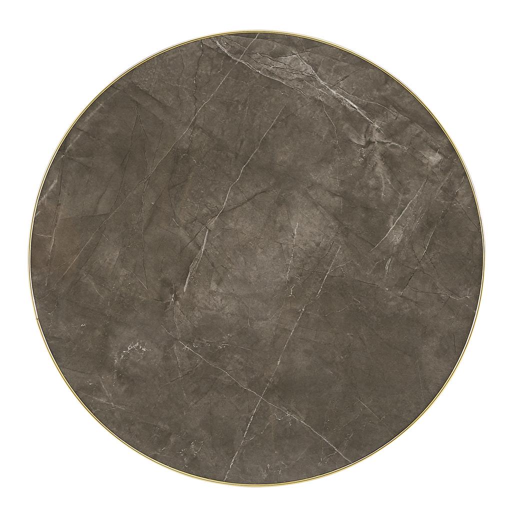 Modern round side table with golden stainless steel frame, table with marble-look surface for the living room, luxurious side table with stable base