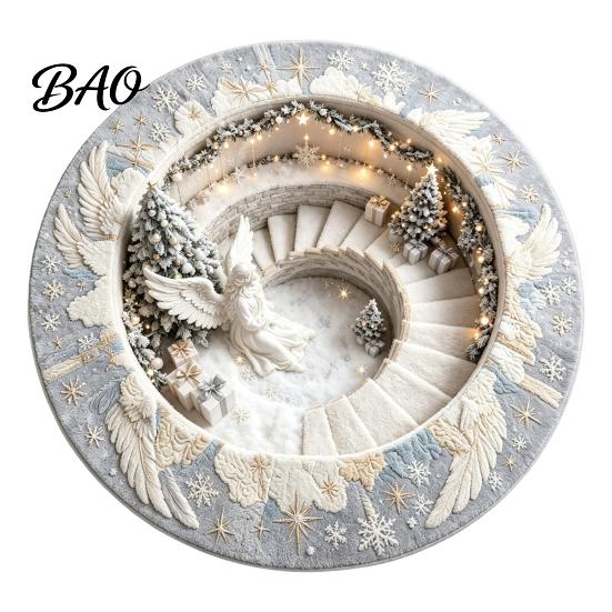 Living Room Xmas Rug 3D Optical Illusion Round Christmas Rug, Cute Santa Claus Crystal Velvet Floor Mat, Non Slip Decor Vivid Printed Circular Carpet