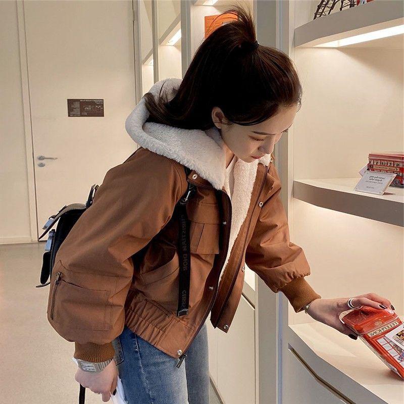 Women's Plush Winter Jackets Korean Loose Long Sleeve Hooded Short Parkas Coat Female Warm Plush Outwear