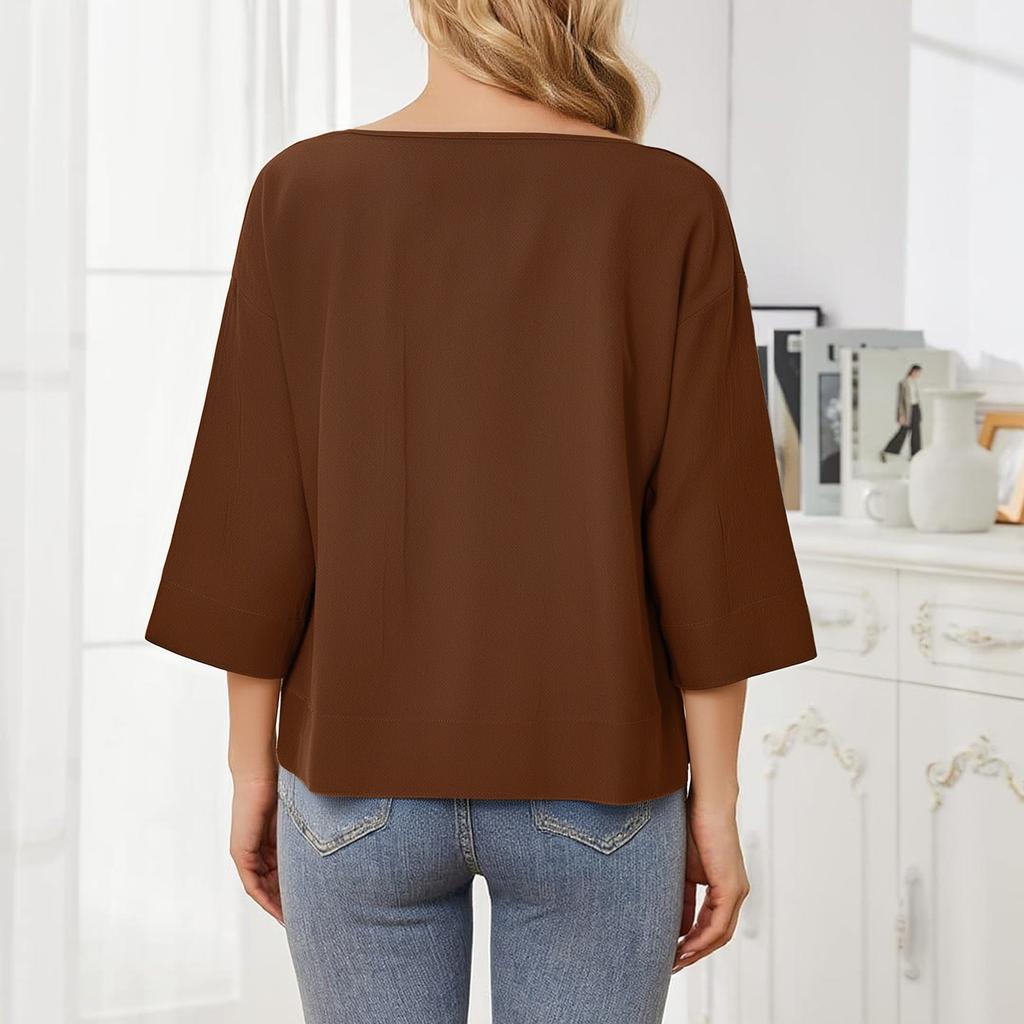 Ladies' Casual Fashion Solid Color V-neck Loose Slit Casual Solid Color Cotton And Linen Top