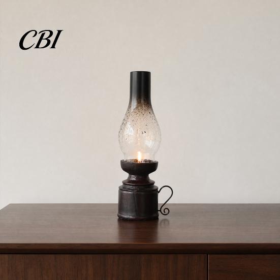 Miniature Oil Lamp Decor Kerosene Resin Candle Holder, Retro Figurine with Smoked Matte Finish Holder Glass Shade & Carved Base, Tabletop for