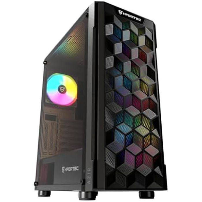 Nfortec - AZIR Boîtier PC Gaming Mid Tower (ATX), 4x 120mm Ventilateurs ARGB Inclus, Grillage Frontal, Côtés En Verre Trempé, Noir