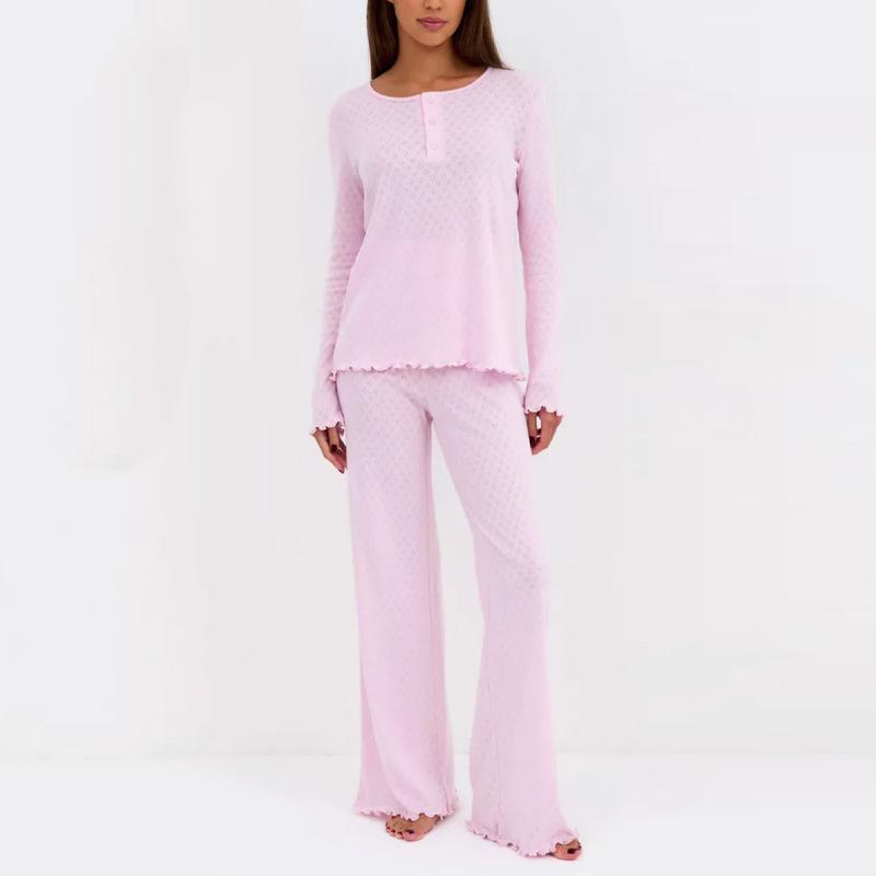 Europese en Amerikaanse puur katoen kant lange mouwen ronde hals, exquise pyjamaset dames herfst nieuw zachte loungewear L roze