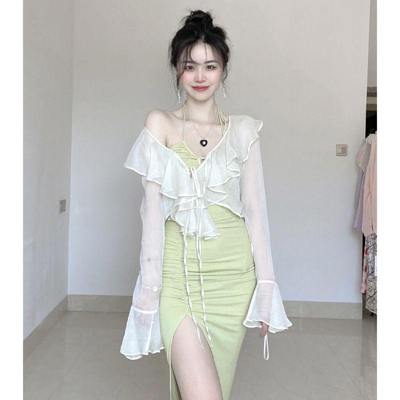 Women's Ruffled Chiffon Sun Protection Set: Summer Dress with Camisole, Shawl, and Breathable Cardigan