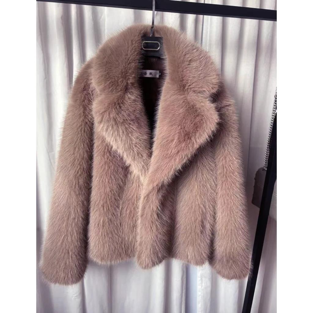 Women Faux Fur Coats Solid Thick Jackets Long Sleeves Notched Collar Covered Buttons Loose Fit Elegant Casual  Autumn Winter