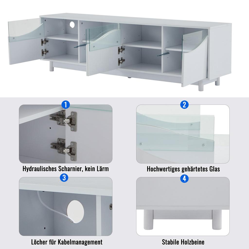 TV Schrank TV Lowboard Hochglanz Weiß 70 Zoll Fernseher, TV Ständer 4 Türen, Schranktür aus gehärtetem Glas, TV Möbel Wohnzimmer Schlafzimmer