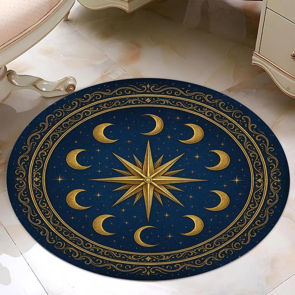 Zodiac Rug Gold Sun, Navy Star Chart, Cosmic Rug Living Room Decor Sofa Round Rug Bedroom Rug Lounge Coffee Table Floor Mat