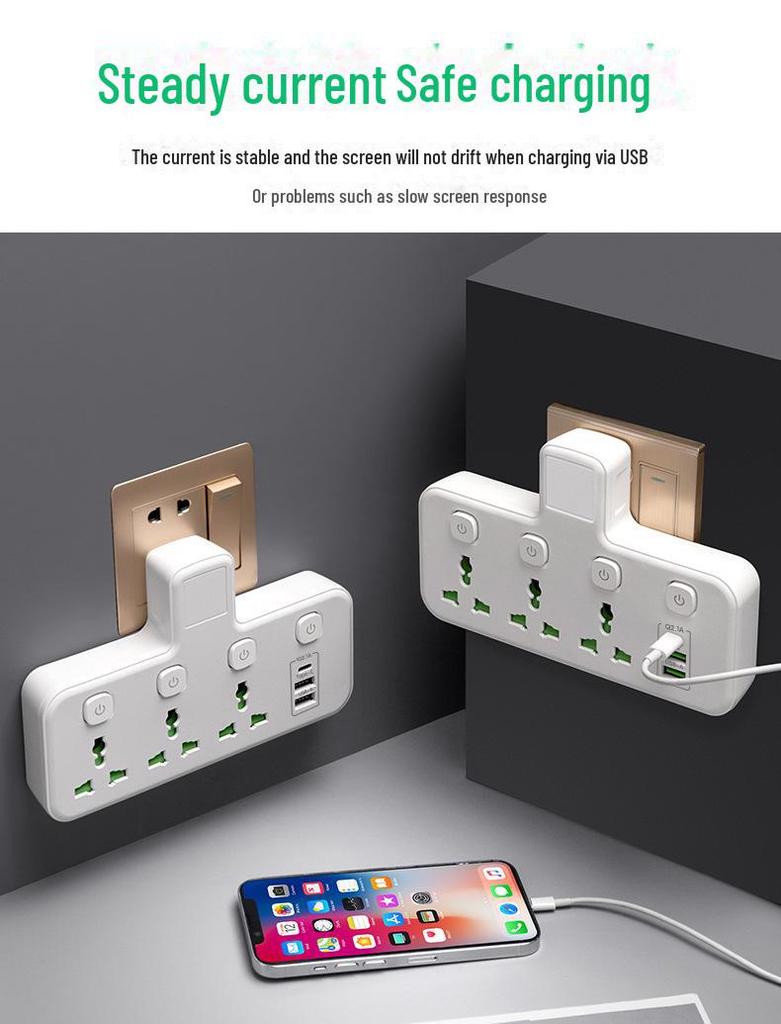 "Multifunctional USB Power Socket: UK, EU, US Standards, 220V"