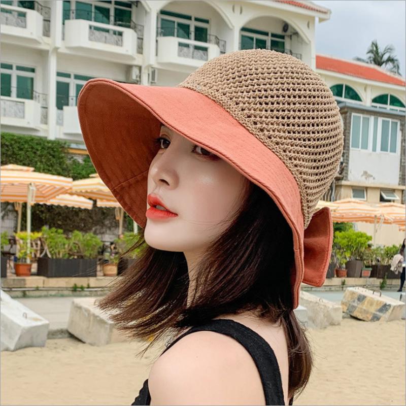 COKK Summer Hats For Women Knitted Breathable Foldable Sun Hat With Bow Sun Protection Sunshade Korean Beach Hat Cap Travel New