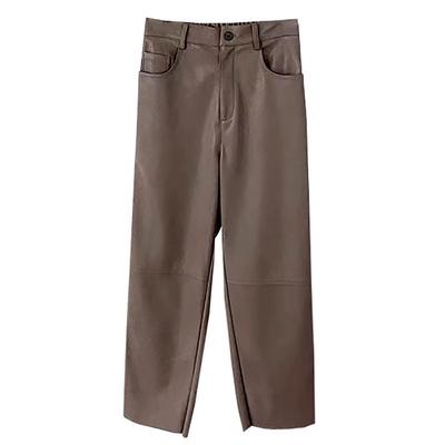 Soft Lambskin Loose Waist Elastic Small Straight and Loose Edge Nine-point All-match Leather Pants for Women Casual Pants