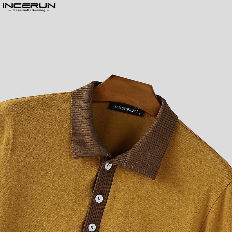 INCERUN Herbst Herren Reverskragen Langarm Rippen-Patchwork Lässige Lockere Pullover-Tops