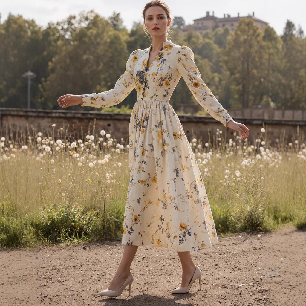 Women's Floral Boho Long Sleeve Maxi Dress V Neck Waist Swing Flowy Wedding Guest Dress Lightweight Maxi Spring Summer Party Boho Dresses for Women