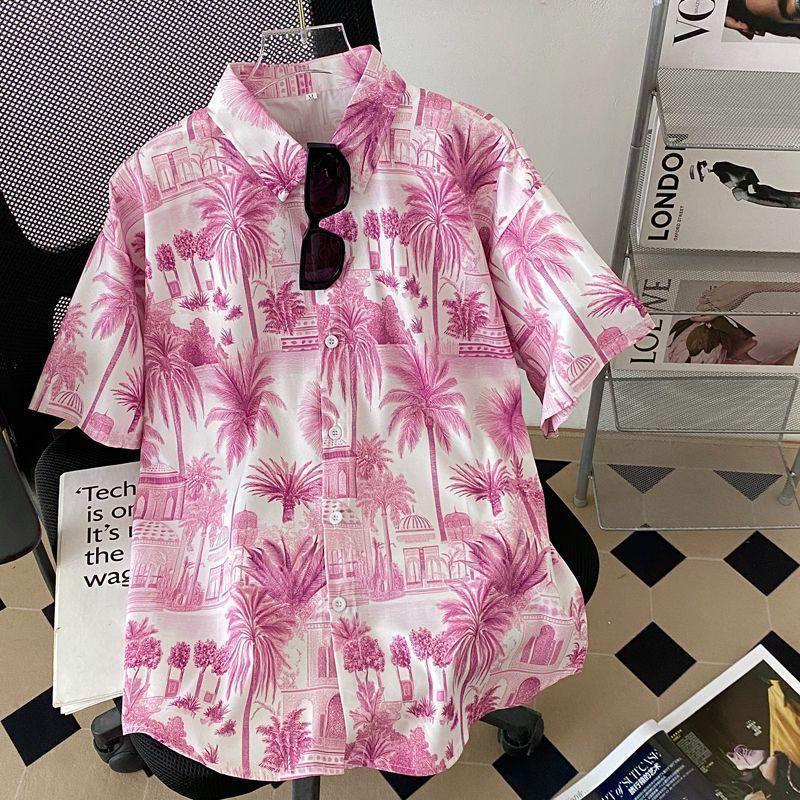 Vintage-inspired Floral Short-sleeve Shirt for Men and Women, Thai Retro Hong Kong Style Hawaiian Artistic Loose Couple Shirt S