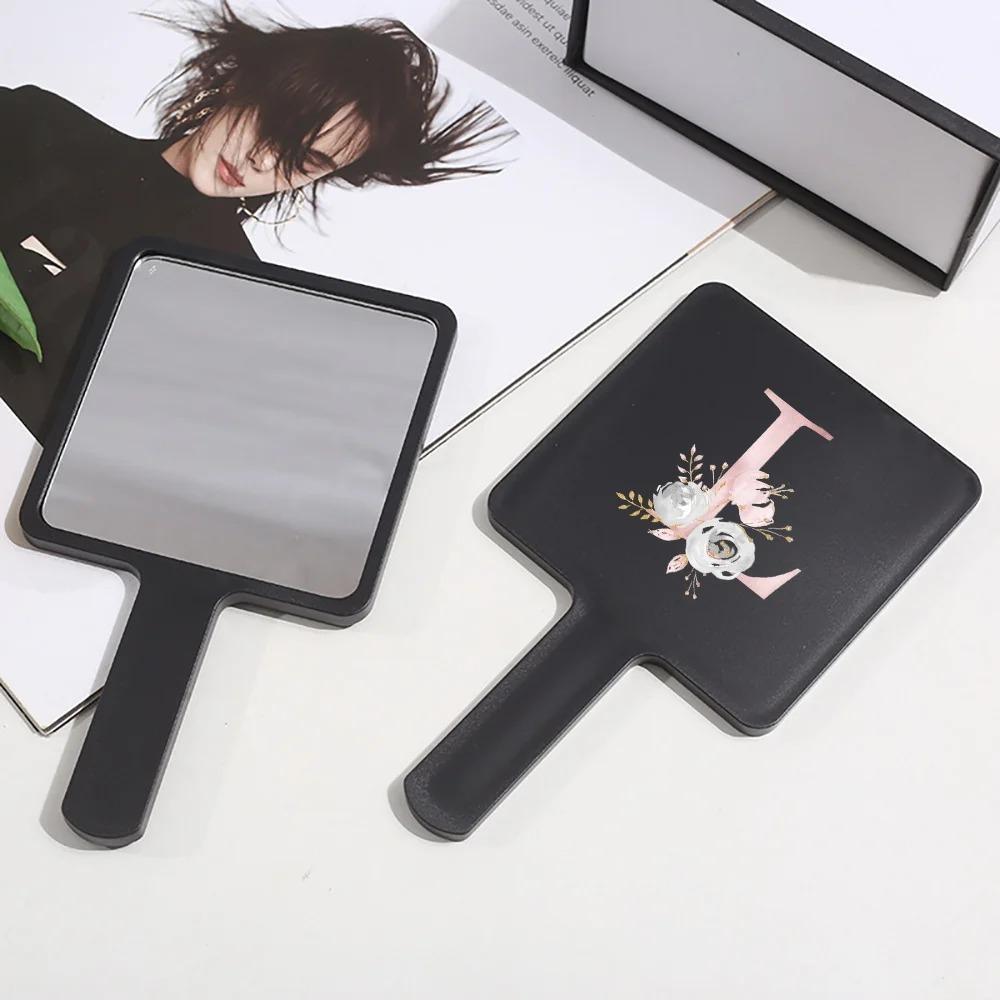 1pc Square Handheld Women Travel Makeup Mirror Chic Handle Dual-Use Desktop Personalized Gift Initial Name 26 Letters Pattern