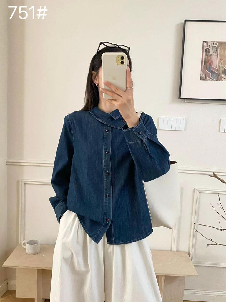 Hong Kong Style Retro Washed Denim Shirt Jacket for Women