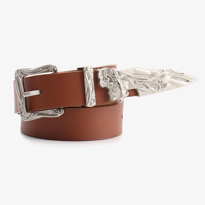 

Unique Irregular Design Designer Leather Belt With Alloy Buckle For Denim And Casual Outfits Camel