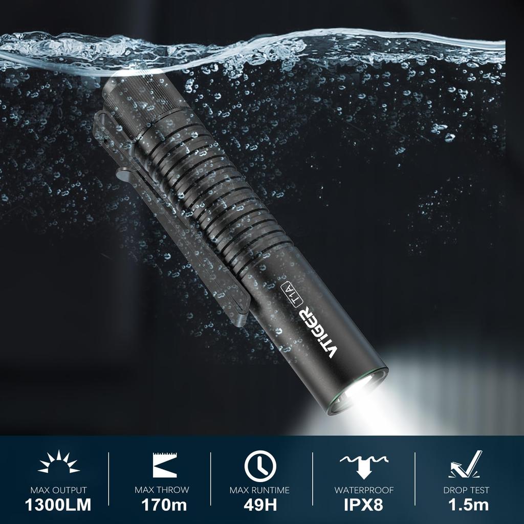 VTIGER T1A Compact Mini Pocket Flashlight with 1300 Compact AA Rechargeable Lightweight Flashlight with Super Bright Tail Switch and Magnetic Ideal