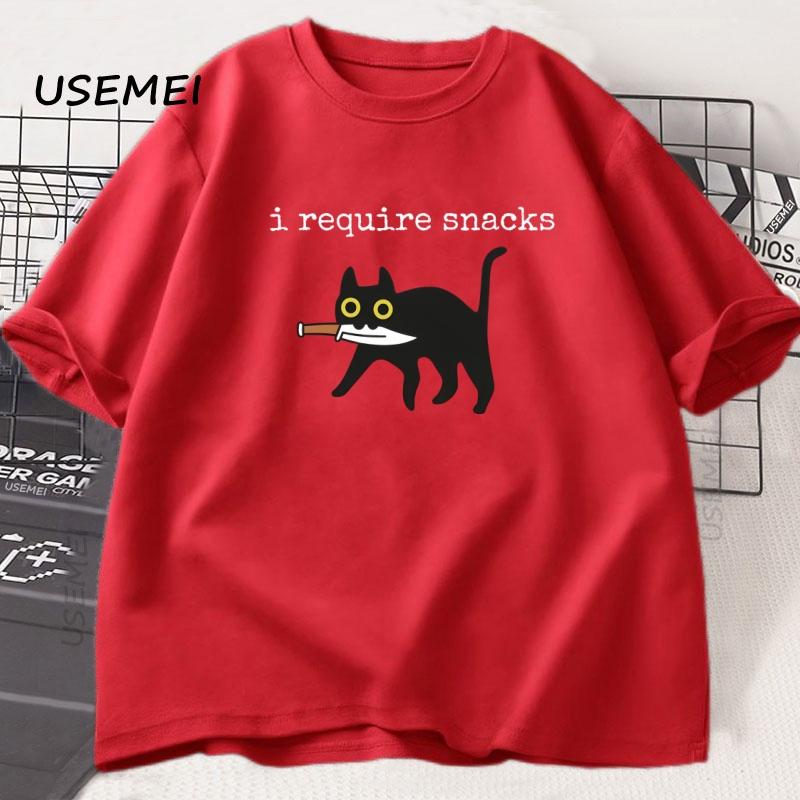 I Require Snacks TShirt Unisex Funny Black Cat Tshirt Cat Mom Cotton Short Sleeve Round Neck Tees Streetwear Unisex Clothes Tops S