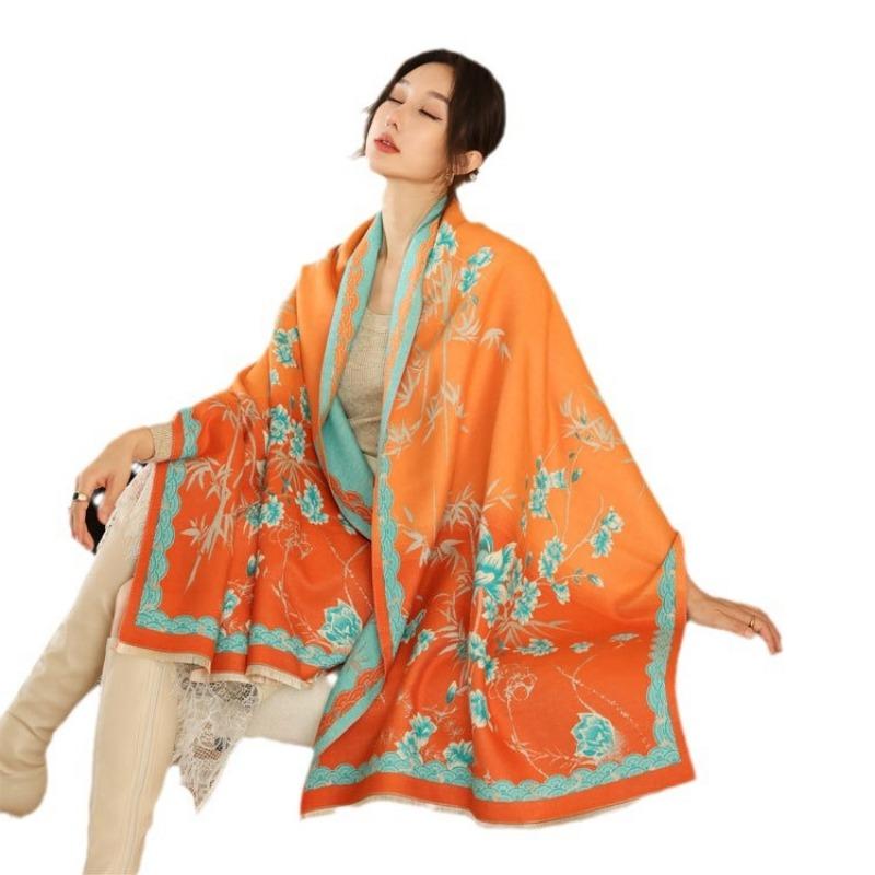 Literary imitation cashmere scarf women's autumn and winter new bamboo field flower jacquard shawl versatile simple warm scarf