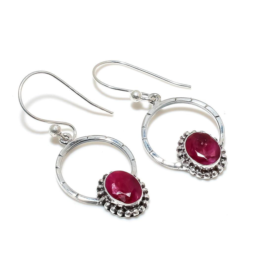 Natural Kashmir Ruby Gemstone Earrings, 925 Sterling Silver Earring, Handmade Boho Silver Jewelry Dangle Earrings, Birthday Gift For Wife