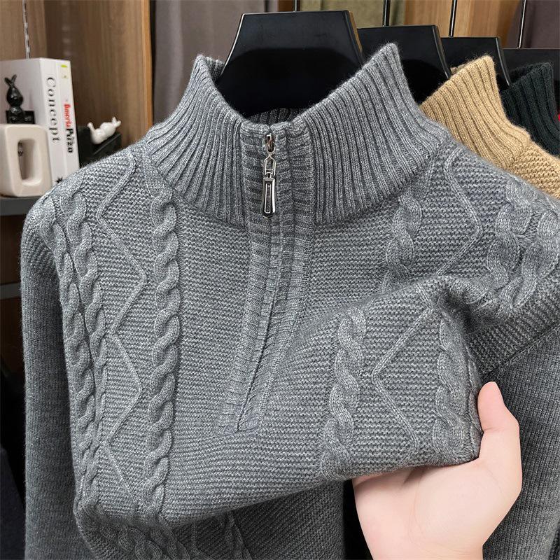 Herren Winter dicker Strick Pullover mit halbem Reißverschluss und Stehkragen