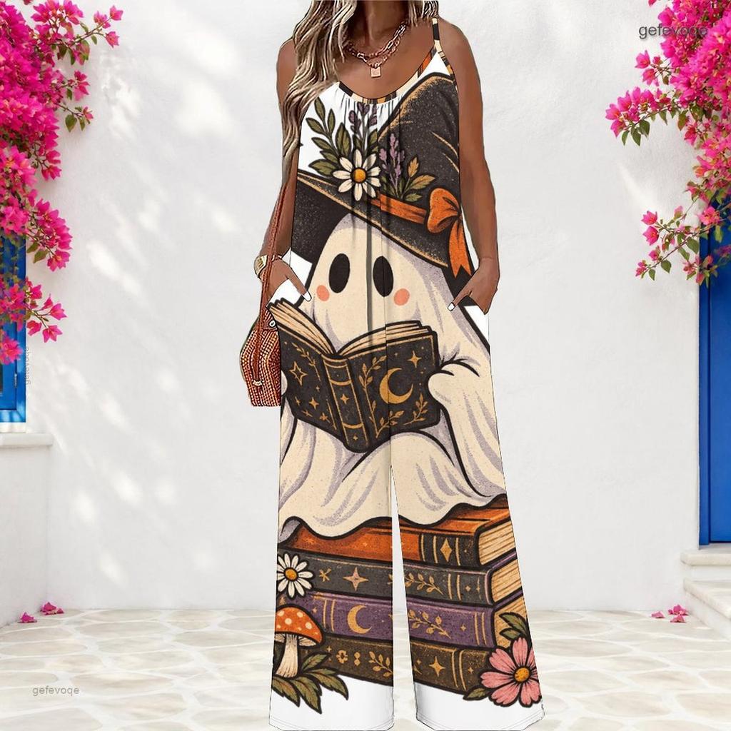 Damen Spaghettiträger Jumpsuit Süße Schwarze Katze Hexenhut Kürbis Halloween Print Weite Hosen Mit Taschen