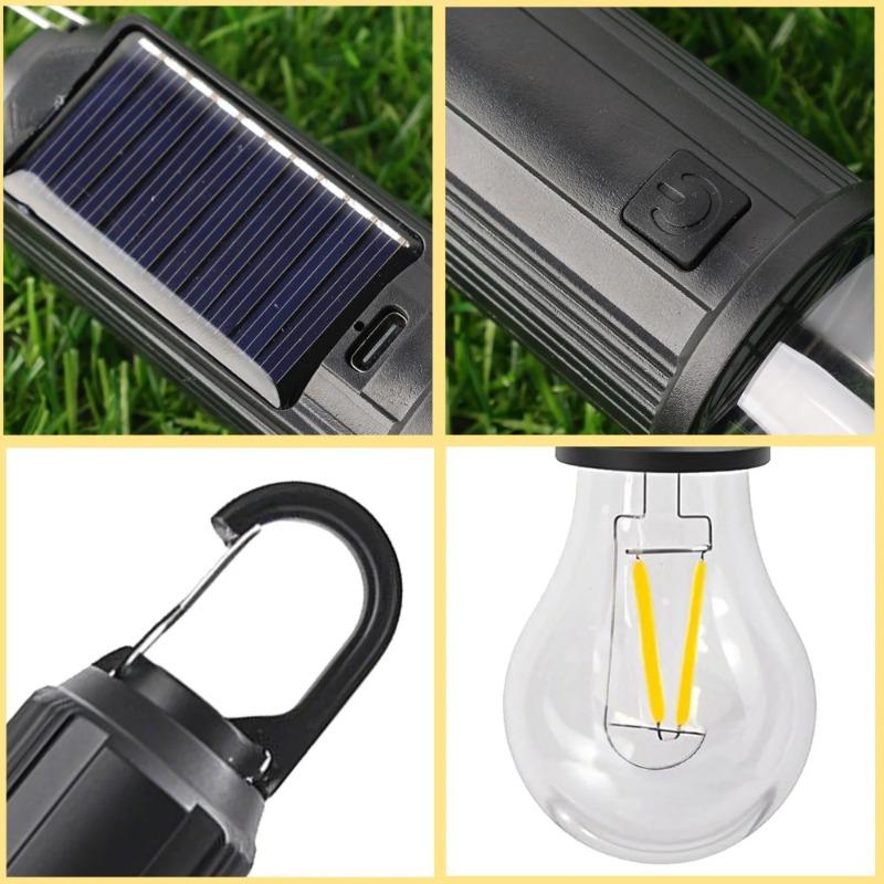 Solar Powered USB Rechargeable Camping Hanging Lamp Waterproof Portable Tent Light Bulb Outdoor Garden BBQ Party Decor Night Lighting