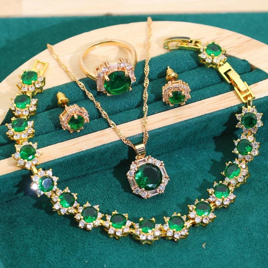 

Дубайский золотой цвет, зеленый камень, свадебные комплекты ювелирных украшений для женщин, роскошное свадебное кольцо, ожерелье, серьги, браслет, подарок на годовщину