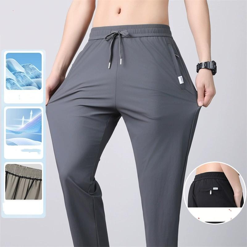 High Quality Mens Stretch Casual Pants Elastic Waist Sweatpants Ice Silky Comfortable Pants Wrinkle Resistant Running Slacks