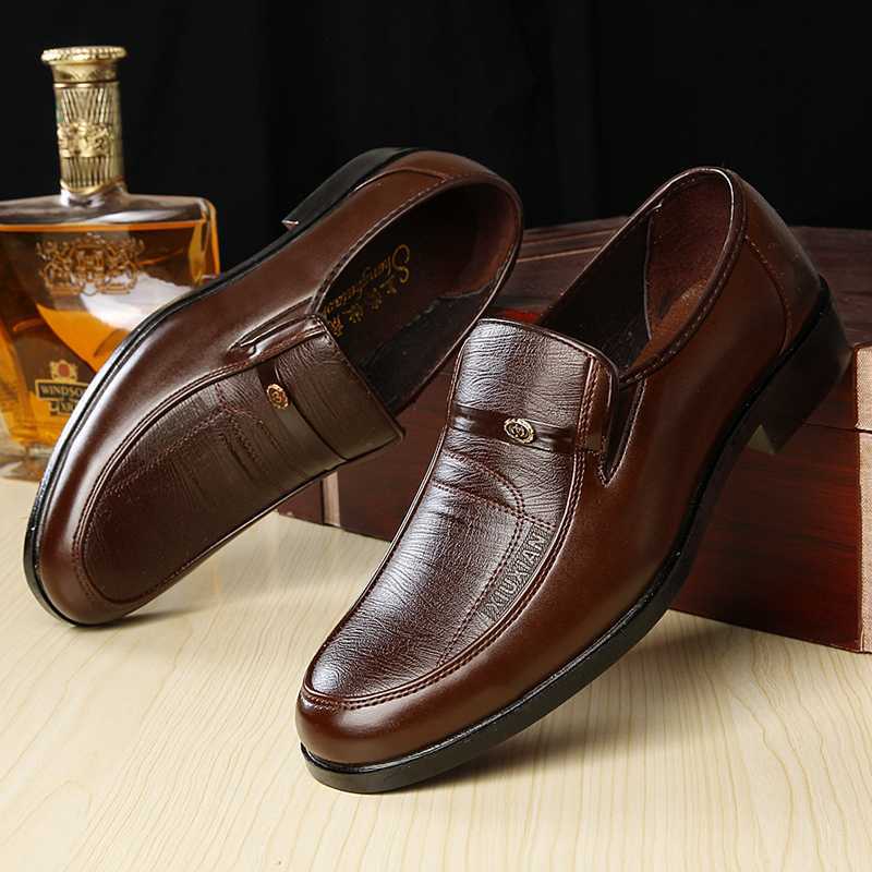 Men's Brown Leather Slip-On Business Dress Shoes with Durable Sole