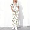 Women Plus Size White Floral Printed Scrub Set Cutout Neck Short Sleeve Pocket Top Long Pants