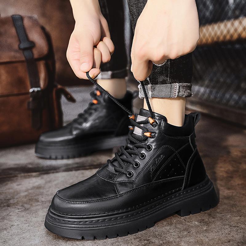 Fashion Autumn Winter Men's Boots Thick Sole and High-quality Minimalist Style Fashion Street Height Increasing High Top Leather Shoes
