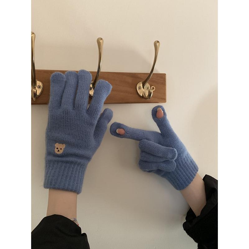 Women's Wool Gloves In Autumn and Winter Korean Cute Bear Embroidery Knitted Touch Screen Student Warm Riding Gloves Windproof