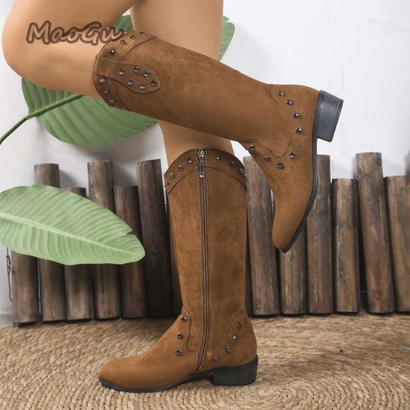 Autumn Winter Retro Western Cowboy Boots Women's Pointed Toe Chunky High Heel Fashion Boots New Size 36-43 Knee-High Boots