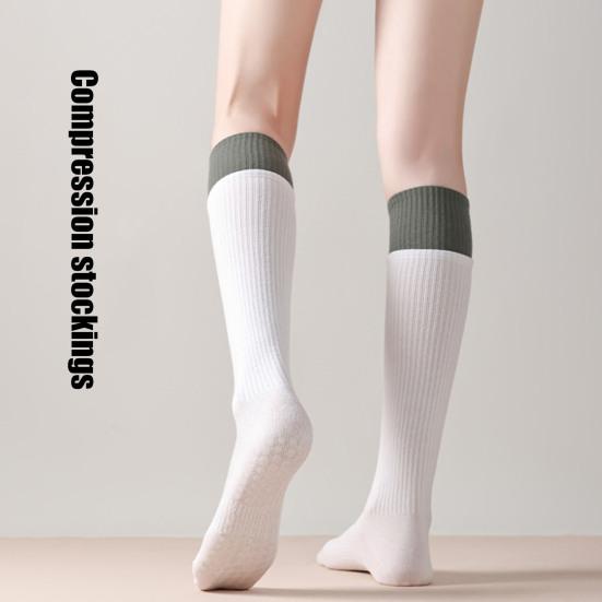 Women Non-Slip Yoga Socks Pilates Socks with Grips Knee High Socks Workout Color-Blocked Over The Calf Socks for Ballet Dance Street Wear