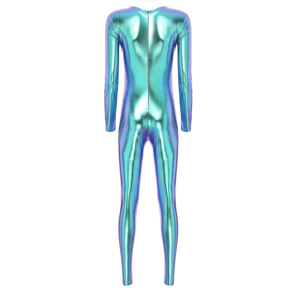 Womens Metallic Bodysuit Shiny Unitard Long Sleeve Round Neck Full Coverage Slim Fit Dance Performance Wear