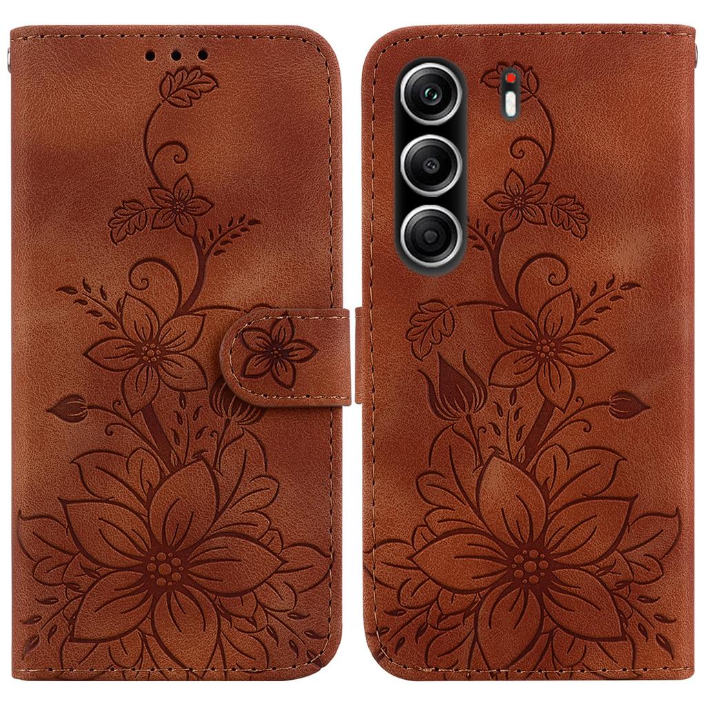 For TECNO Camon 40 Pro 5G/4G Stand Case Lily Flower Imprint Leather Phone Cover with Wrist Strap