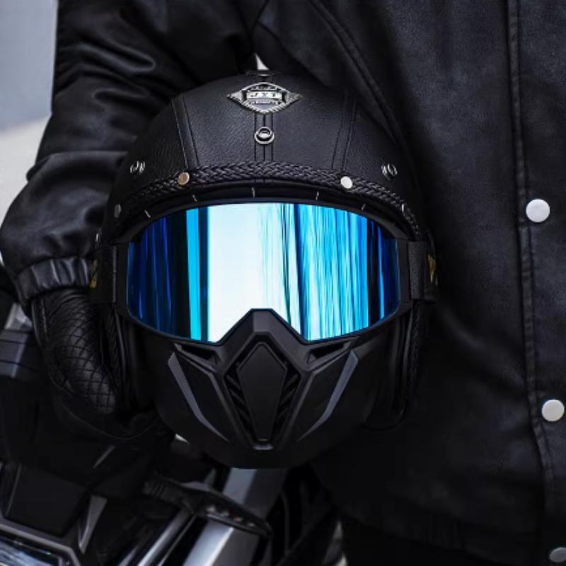 Vintage Brown Leather Helmet Summer Cruise Motorcycle Jet Helmet Men and Women Motorbike Riding Half Helmets Cascos Para Motos