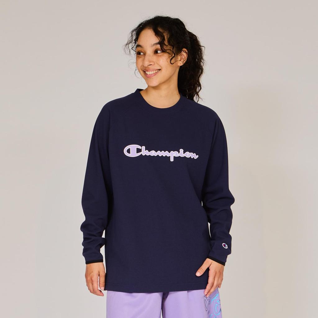 Champion Basketball Long Round Script Logo Women's T-Shirt, Navy, CW-AB429, Sleeve, Neck, Quick-Drying, Stretch, Antibacterial, Odor-Resistant, Warm,